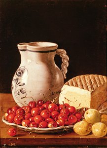 Natura morta con ciliegie, formaggio e susine